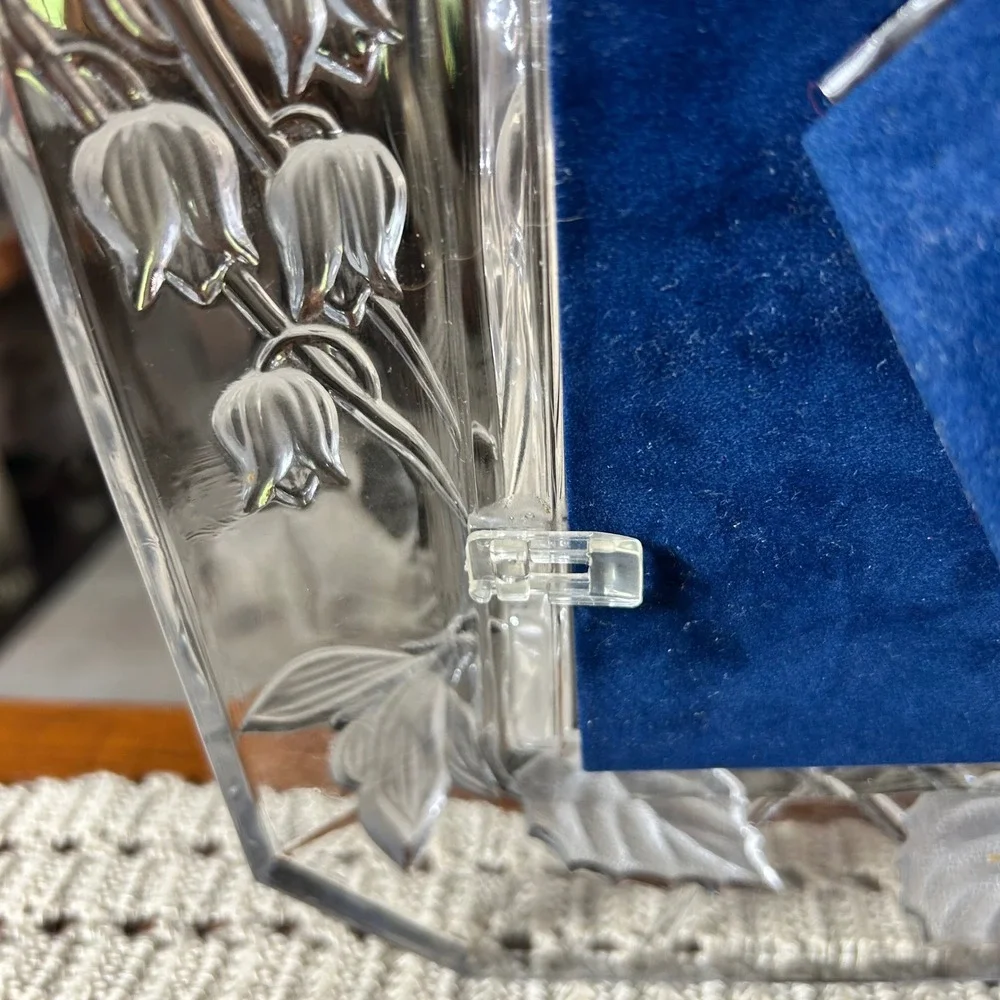 Frosted Crystal Lily of the Valley Picture Frame Blue Velvet Back Floral 4x6
